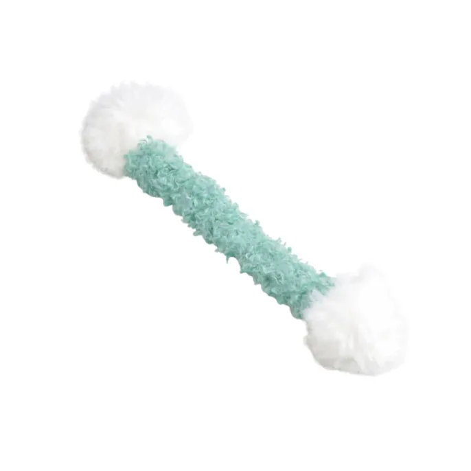Green fluffy tug stick plush cat toy isolated on a white background