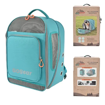 Outdoor pet backpack carrier with expandable compartment, breathable mesh panels, comfortable shoulder straps, and portable design for cats and small dogs.
