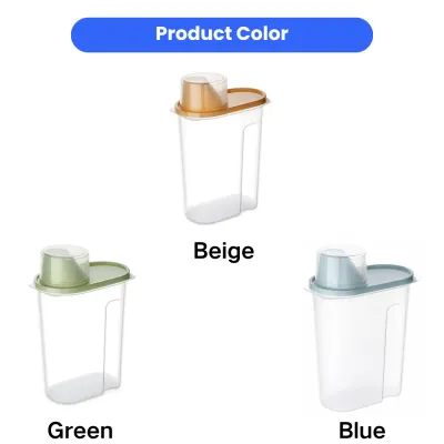 Pet food storage container available in beige, green and blue color options with measuring cup lid