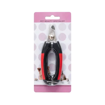 Retail Packaged Pet Nail Clippers Front View Front view of black and red pet nail clippers in pink blister packaging