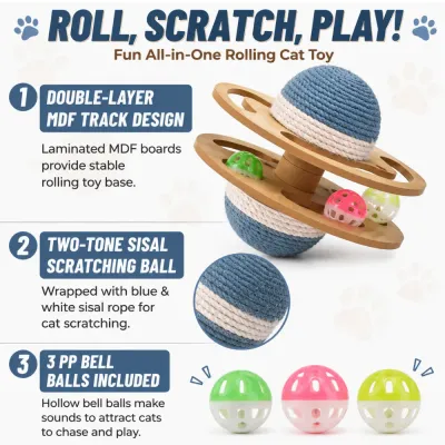 All-in-One Rolling Cat Scratcher Toy Features All-in-one rolling cat scratcher toy with double-layer MDF track, sisal ball and bell balls