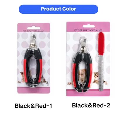 Pet Nail Clipper Packaging Options with Nail File Two black and red pet nail clipper package options, including a set with nail file