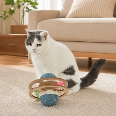 Cat Playing with Interactive Rolling Scratcher Toy Cat playing with an interactive rolling scratcher toy on carpet at home