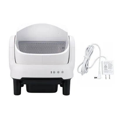 Smart Automatic Cat Litter Box Front View with Power Adapter White smart automatic cat litter box product image with power adapter included