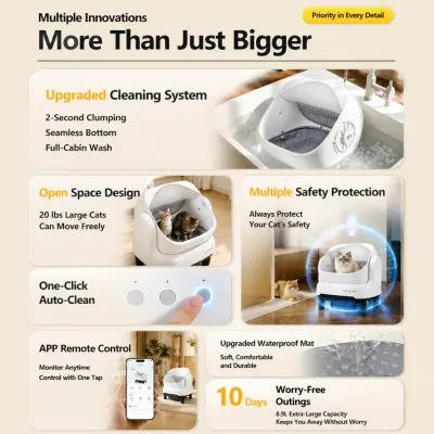 Smart Automatic Cat Litter Box with Advanced Cleaning System Smart automatic cat litter box featuring upgraded cleaning system, auto clumping, full cabin washing and large capacity design