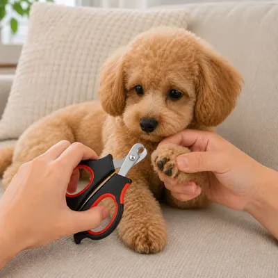 Small dog having its paw nails trimmed with black and red pet nail clippers on a sofa