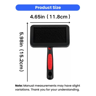 Pet Grooming Slicker Brush Size Guide Black and red pet grooming slicker brush measuring 4.65 inches wide and 5.98 inches long
