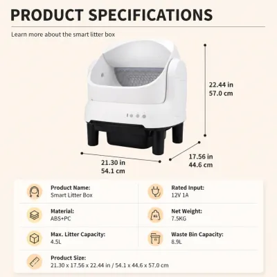 Smart Cat Litter Box Product Dimensions and Specifications Smart cat litter box size specifications showing dimensions, capacity, material and technical details