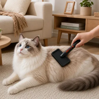 Cat Grooming Brush for Long-Haired Cats Long-haired cat being brushed with a black and red pet slicker brush at home