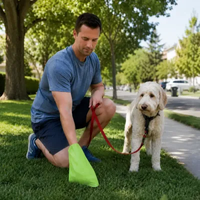 Dog owner using biodegradable poop bags for outdoor pet waste cleanup