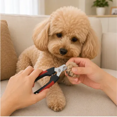 Dog Nail Trimming with Pet Nail Clippers Person trimming a small dog’s nails with black and red pet nail clippers on a sofa