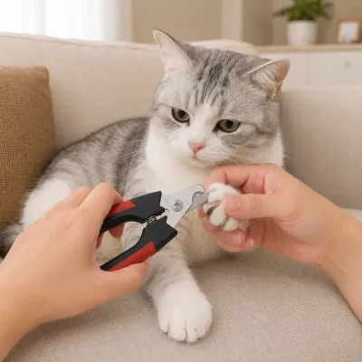 Cat Nail Trimming with Safety Nail Clippers Person trimming a cat’s claws with black and red pet nail clippers at home