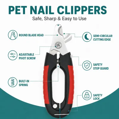 Pet Nail Clippers Features and Safety Design Black and red pet nail clippers with safety guard, spring, lock and adjustable screw