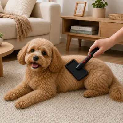 Dog Grooming Brush for Curly Coats Curly brown dog being groomed with a black and red slicker brush in a living room