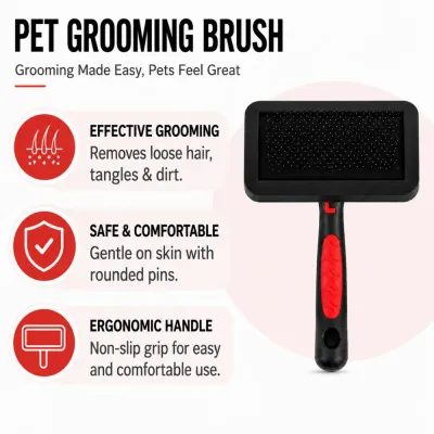 Pet Grooming Brush Features for Dogs and Cats Black and red pet grooming brush with rounded pins, a non-slip handle, and loose hair removal features