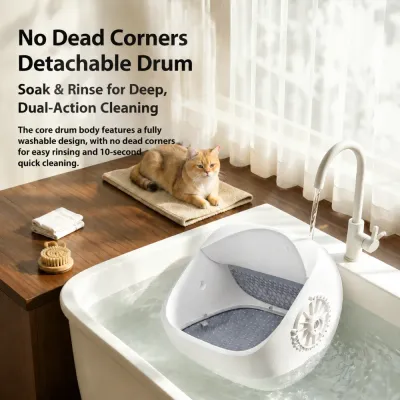Washable Self Cleaning Cat Litter Box Drum Design Detachable drum of self cleaning cat litter box showing washable design and easy rinse cleaning system