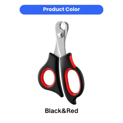 Black and red stainless steel pet nail clippers displayed on a white background