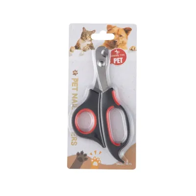 Front view of packaged stainless steel dog and cat nail clippers with black and red handles