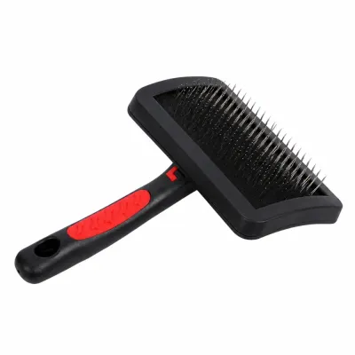 Black and Red Pet Slicker Brush with Metal Pins Angled view of a black and red pet slicker brush with fine metal pins and an ergonomic handle