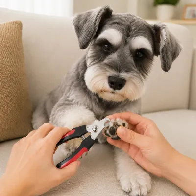 Dog Nail Trimming with Ergonomic Pet Nail Clippers Owner using black and red pet nail clippers to trim a dog’s nails on a living room sofa.