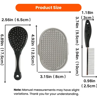 3-Piece Pet Grooming Set Size Guide Product dimensions of a 3-piece pet grooming set with pin brush, silicone bathing glove and stainless steel comb.
