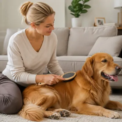 Dog Grooming with Bamboo Pin Brush Woman brushing a Golden Retriever with a bamboo pin brush in a bright living room.