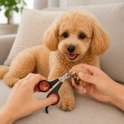 Dog Nail Trimming with Pet Nail Clippers at Home Person using black and red pet nail clippers to trim a small dog’s nail while gently holding its paw on a sofa.