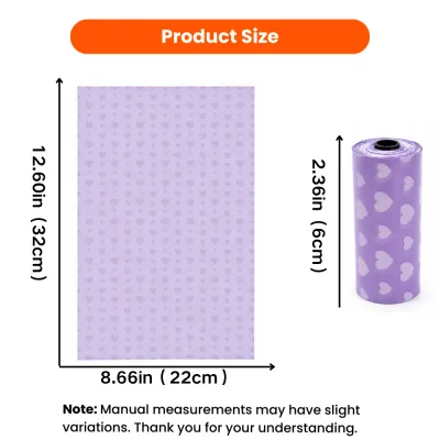 Dog Poop Bag Size and Roll Dimensions Purple dog poop bag measuring 8.66 by 12.60 inches with a roll height of 2.36 inches