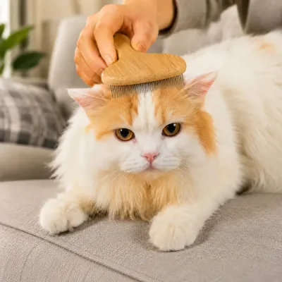 Cat Grooming with Bamboo Deshedding Comb Bamboo deshedding comb being used to groom a long-haired orange and white cat on a sofa.