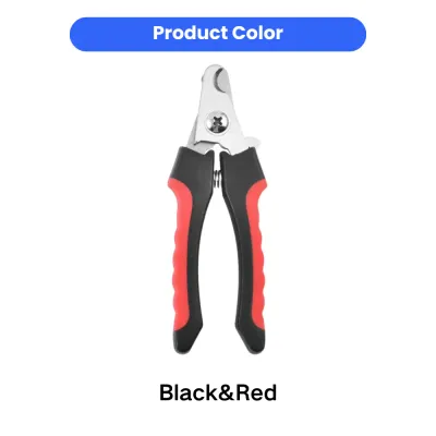 Black and Red Pet Nail Clippers Color Option Black and red pet nail clippers with stainless steel cutting blade shown on a white background.