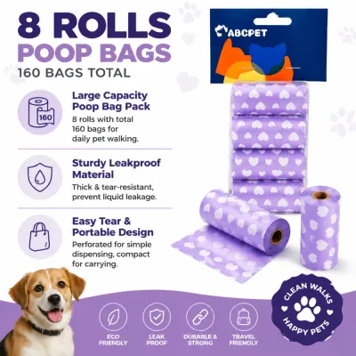 8 Rolls Leakproof Dog Poop Bags – 160 Bags Eight rolls of purple dog poop bags with 160 bags total, leakproof material and easy-tear perforations
