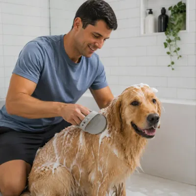 Silicone Pet Bathing Glove for Dogs Man washing a golden retriever with a gray silicone pet bathing glove in a bathroom.