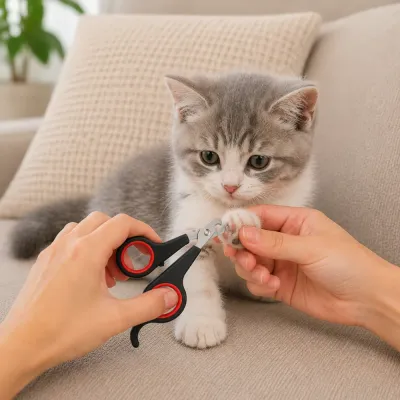 Person carefully trimming a kitten’s claw with black and red cat nail clippers while holding the paw securely.