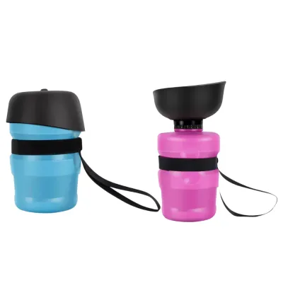 Blue and Pink Portable Dog Travel Water Cups Blue closed and rose pink open portable dog travel water cups with black bowls and carrying straps