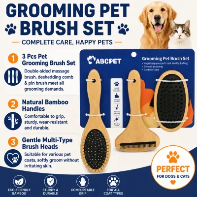 3-Piece Bamboo Pet Grooming Brush Set for Dogs and Cats Three-piece bamboo pet grooming brush set with pin brush, deshedding comb and massage brush for dogs and cats.