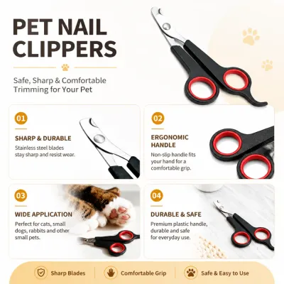 Pet Nail Clippers Features for Dogs, Cats and Small Pets Black and red pet nail clippers with stainless steel blades, ergonomic handles and a compact design for dogs, cats and small pets.