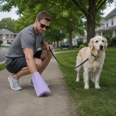 Portable Dog Poop Bags for Daily Walks Dog owner using a purple leakproof poop bag while walking a Golden Retriever outdoors