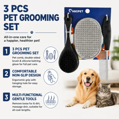 3-Piece Pet Grooming Set for Dogs and Cats 3-piece pet grooming set with pin brush, silicone bathing glove and metal comb displayed with a dog and cat.