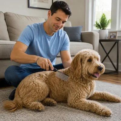 Stainless Steel Pet Comb for Curly Dog Coats Man using a stainless steel grooming comb on a large curly-coated dog in a living room.