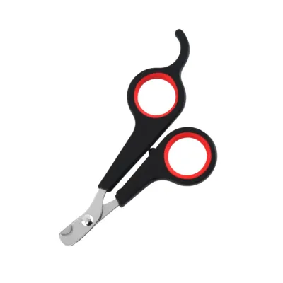 Compact Cat and Dog Nail Clippers – Alternate View Alternate view of black and red pet nail clippers showing the curved blade, finger rings and extended handle hook.