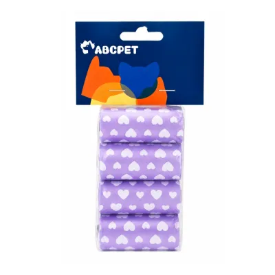 Purple Heart Print Dog Poop Bags 8-Roll Pack Retail package containing eight rolls of purple heart print dog poop bags with branded header card