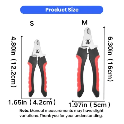 Small and Medium Pet Nail Clippers Size Guide Pet nail clipper size chart showing small 4.80 by 1.65 inches and medium 6.30 by 1.97 inches.