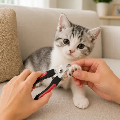 Owner gently holding a kitten’s paw while using stainless steel pet nail clippers with black and red handles.