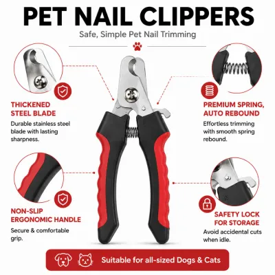 Pet Nail Clippers with Safety Lock and Non-Slip Handle Pet nail clippers for dogs and cats with stainless steel blade, spring rebound, non-slip handle and safety lock.