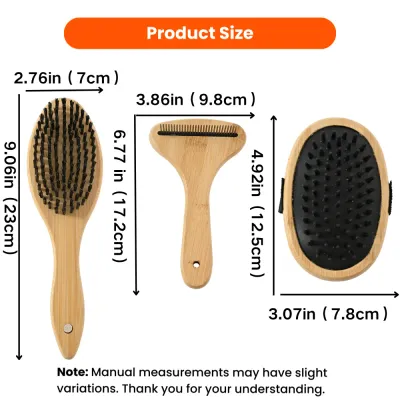 3-Piece Bamboo Pet Grooming Brush Set Size Guide Dimensions of a 3-piece bamboo pet grooming brush set with pin brush, deshedding comb and massage brush.