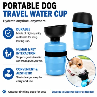 Portable Dog Travel Water Cup with Squeeze Dispenser Portable dog travel water cup with squeeze-to-dispense design, durable body, fold-out bowl and wrist strap