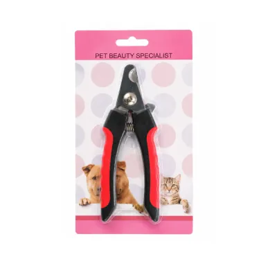 Black and Red Pet Nail Clippers in Blister Packaging Front view of packaged pet nail clippers with stainless steel cutting head and ergonomic black and red handles.
