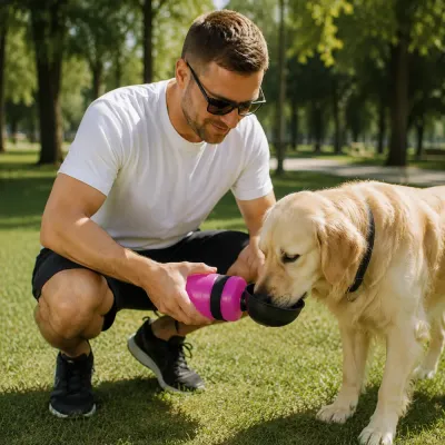 Dog Drinking from Portable Travel Water Cup Outdoors Golden retriever drinking from a rose pink portable dog travel water cup held by an owner in a park