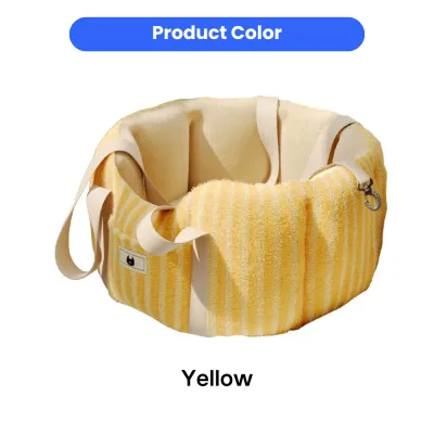 Yellow plush dog car seat carrier with padded interior, carrying straps and built-in safety leash clip.