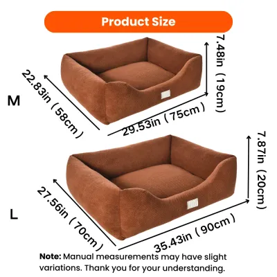 Brown Corduroy Dog Bed Size Guide – Medium and Large Brown corduroy dog bed size chart showing medium and large dimensions in inches and centimeters